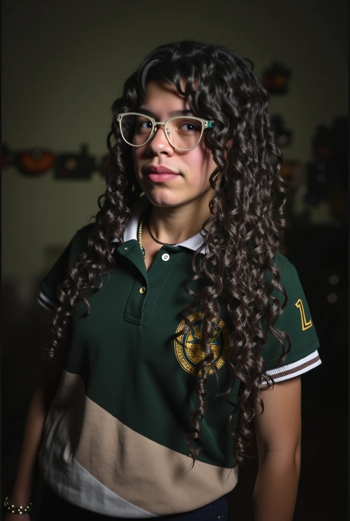 Outdoor image of 13 years old at school school photo in a school masterpiece, (photorrealistic:1.7), best qualityer, beautiful lighting, Venezuelan Eleanor dark lipstick 13 years old Big breasts and random color beautiful eyes extremely tall Long bun extreme curly hair Lifts using save