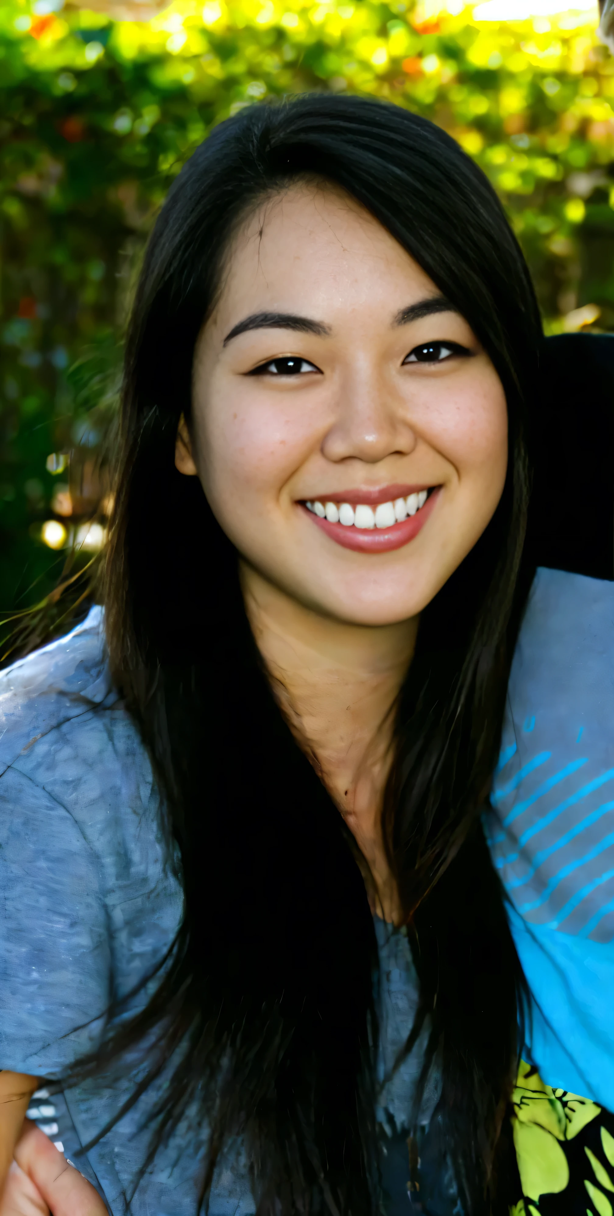 PORE LEVEL DETAIL!!!, WET SHINY SKIN!!, a Japanese girl (19yo), Smiling ((((PERFECT DETAILED FACIAL FEATURES)))) with long black hair with a blue shirt, portrait, (Detailed perfect facial details), (((ultra detailed skin, Lifelike, 4k hd, DSLR, lifelike, masterpiece, natural lifelike perfect color, perfect clear lighting, breathtaking lifelike details, perfect anatomy, super detailed skin, beautiful face ultra-detailed hyper detailed face、Detailed lips、A detailed eyes, (realistic, photorealistic, photo-realistic:1.37) (Realistic), (RAW Photography), ((best quality)), (Detailed perfect facial details), ((((hyper real photo, hyperrealistic, hyperrealistic picture)) , perfect anatomy, super detailed skin, (((ultra detailed skin, Lifelike, 4k hd, DSLR, lifelike, masterpiece, natural lifelike perfect color, perfect clear lighting, breathtaking lifelike details
