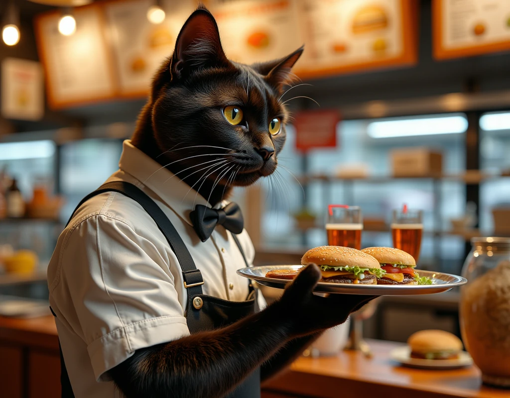 (The World Where Normal Humans and Human-sized Cats Walk Upright)、(The manager of a male cat at a hamburger shop:1.3)、(A realistic black male cat)、He is standing inside the counter wearing a white shirt and a black bow tie、Menu with photos、Ultra-detailed、(top quality、8k、high definition、masterpiece:1.2)、 RAW photos 、realistic、angle from below、2 girls、a beautiful hamburger shop clerk sister、(PERFECT ANATOMY:1.5)、((beautiful eyes))、(beautiful and well-groomed face)、Watch Viewers、smile、 Hourglass Figure 、( Upwards Super Big Breasts :1.34)、(Clothed Erect Nipples )、Sexy Slit Super Miniskirt and Always Panchira Uniform、Increased exposure of his super see-through uniform、 and dynamic customer service poses for 2 people、tray with hamburgers and drinks、movie light、concept art