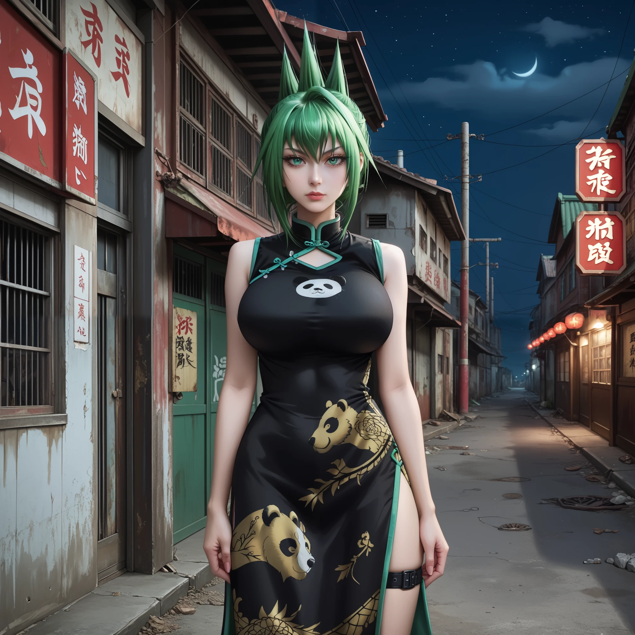 score_9, Jun_Tao, 1girl, huge breasts, green eyes, green hair, hair between eyes, black dress, china dress, chinese clothes, dress, hip vent, panda print, side slit, sleeveless dress, thigh strap, front of an old Japanese cinema, abandoned location, night, alone, realistic, high quality, detailed