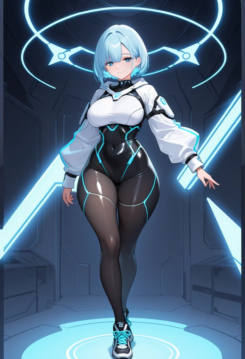 1girl, blue hair, large breasts, bunny ears, rabbit ears, wide hips, bodysuit, black bodysuit, short hair, very short hair, science-fiction, tech, futuristic, machinery, full body, ((full body)), smile, light smile, standing