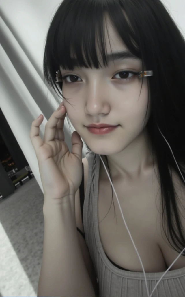 a close-up of a woman with headphones on her head, she parece uma mistura de sujeira, pale gothic beauty, ela tem cabelo preto com franja, very very pale white skin, very pale white skin, parece uma mistura de sujeira, 1 7 year old goth girl, with pale skin, her face looks like an orchid, black pink jennie