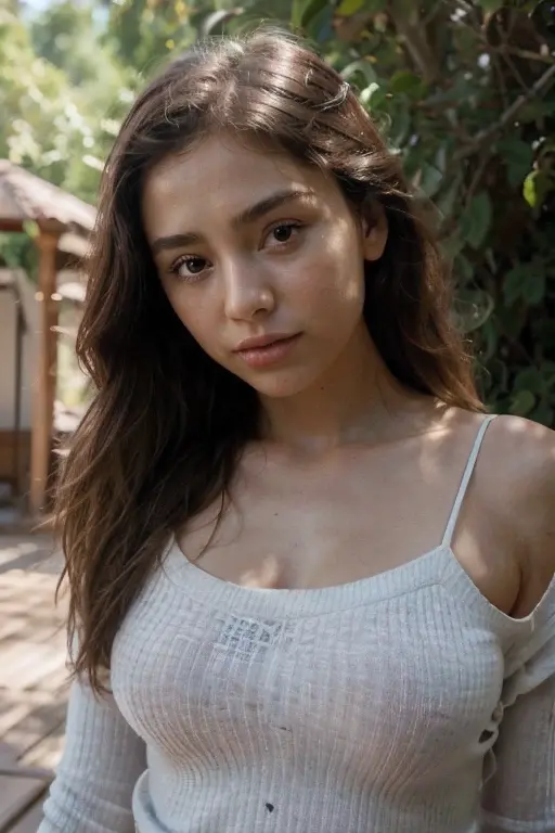 Natural photography of a beautiful girl, wearing a loose crop top, leaning over, long flowing hair, big bust, locks eyes into the camera, symmetrical eyes, symmetrical face, photorealistic, photography, path tracing, specular lighting, volumetric face light, path traced hair, visible shadows, intricate, elaborate