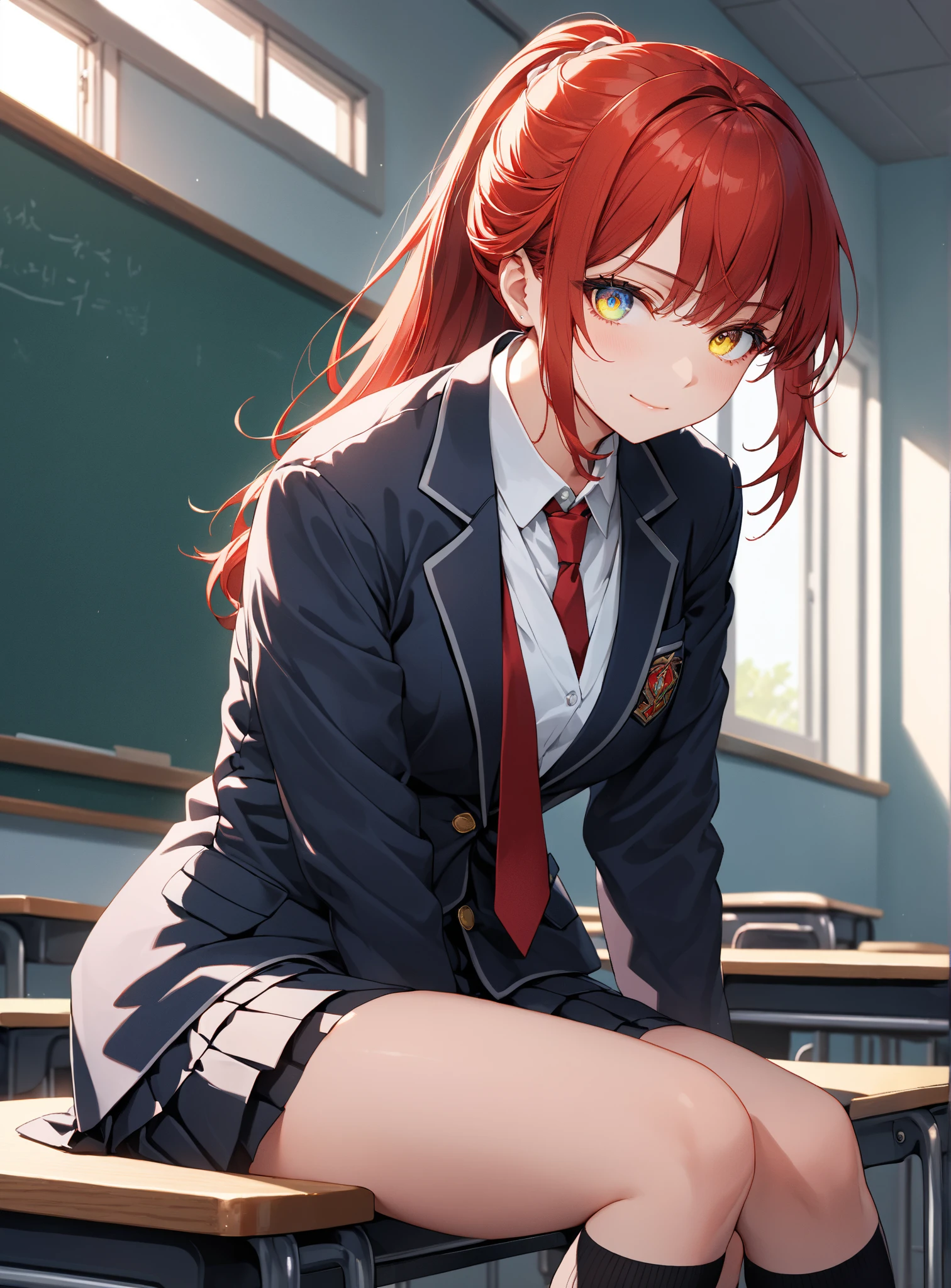 High School Girl, Dark blue blazer, Red super mini skirt, Red tie, knee high socks, Long Red hair, Solo, School Classroom, Looking at Viewer, Front view,