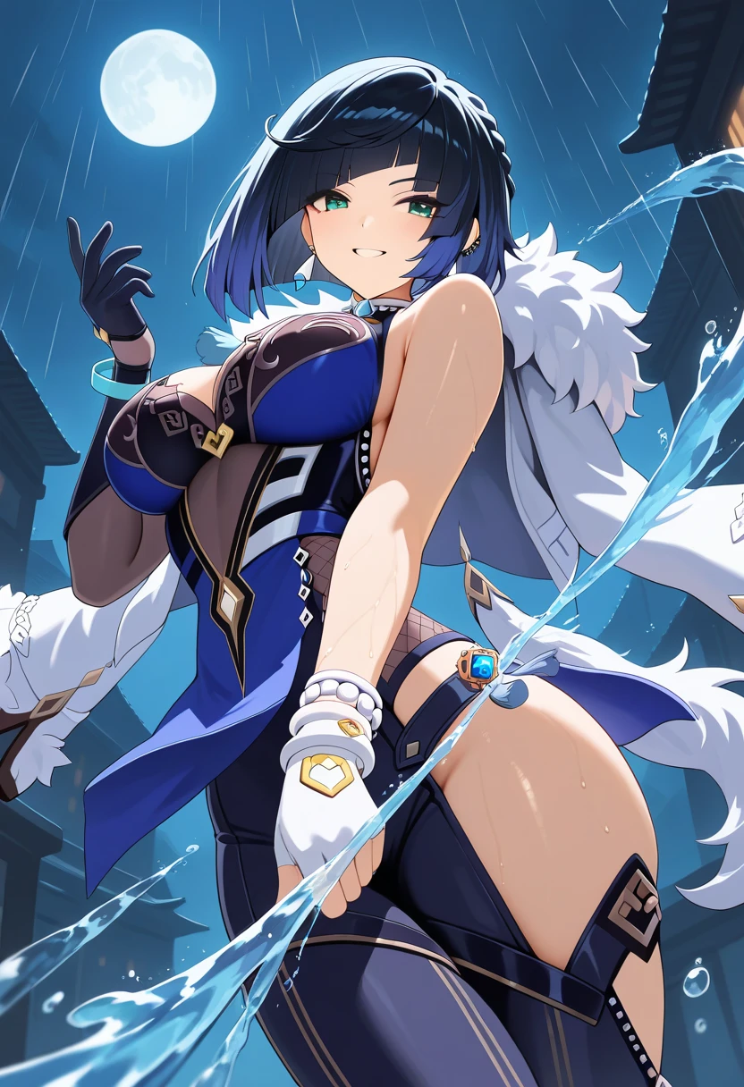 One person、Slender lizard man、masterpiece、Highest quality、Black body、There are scars on the body、Sharp Eye、Light blue lace underwear、Lace fabric bra、Knee-high socks、garter belt、Long, thin tail、Hooded camouflage coat、Jumping in the night sky、Side view、Ass、The body is leaning backwards