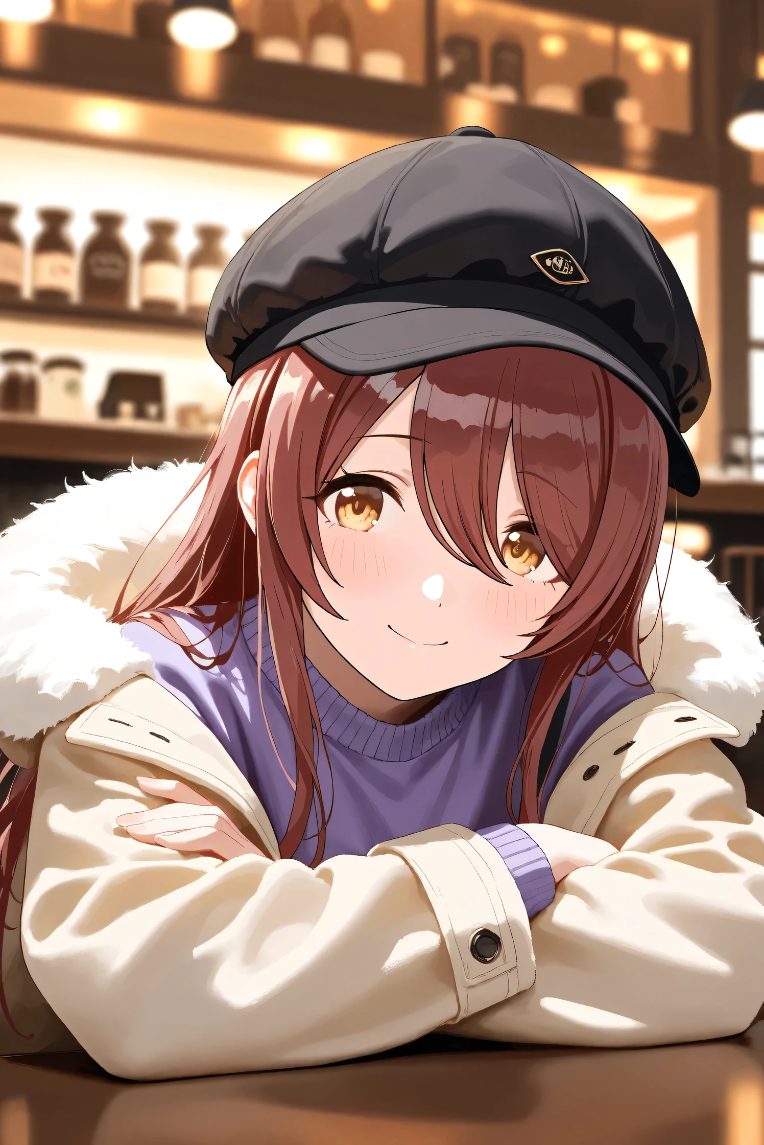 (Masterpiece), (Highest quality), (Very detailed),
(The best shape), (Best Shadow), (Absurd),
(Detailed background), (So beautiful), Shiny ,
Extraordinary, Countershading, 8k, 32K, High resolution, Beautiful eyes in every detail,
Very Detailed CG, UHD,
Score_9, Score_8_up, Score_7_up, Source_anime,
(Pastel painting:1.2), (Watercolor painting:1.2),
(Masterpiece, Detailed:1.2), (Foreshortening:1.2),
Cinematic, Dramatic, (Depth of field:1.4),
(Blurry background:1.4), (Realistic background:1.4),
(Foreshortening:1.3),Dynamic angle, 1 girl,
indoor, coffee shop, Antique coffee shop,
Cinematic Light,
Osaki tenka,
the idolmaster shiny colors,
tenkaosaki,
red hair, brown hair, yellow eyes,
(casual wear:1.3),
Work cap, Black cap,
Fur coat, Khaki coat
Sweater, Purple sweater, Sweater sleeves,
Portrait, Focus on face,
(Blush:1.3), Happy, smile,
sitting, lying face down, crossed arms,
Realistic skin, Shiny skin,