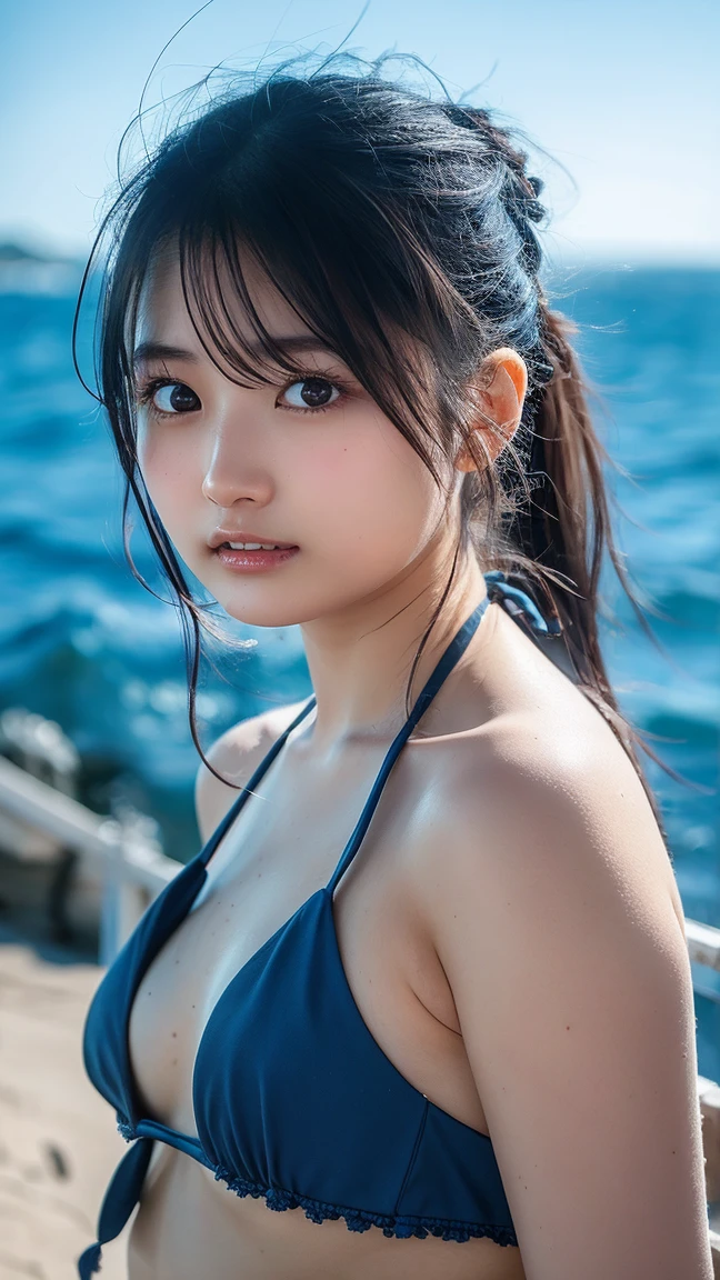 Dive into the depths of imagination with a stunning portrait of a flirting eyes and smiling sea nymph, adorned with shimmering scales and cascading locks of seaweed hair, extremely high quality, HD resolution, mesmerizing images