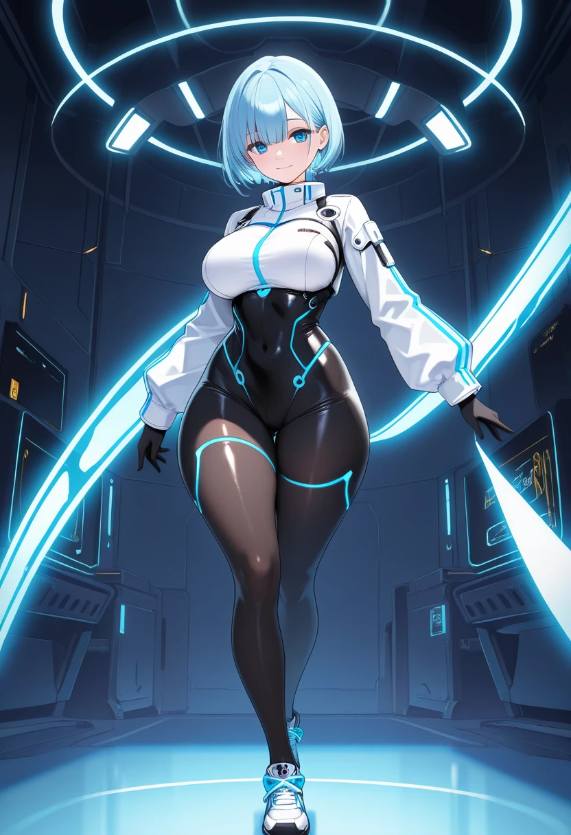 1girl, white skin, light skin, smile, light smile, blue hair, short hair, blue eyes, large breasts, breasts, wide hips, black bodysuit, black clothes, black pantyhose, bodysuit, sleeves, short sleeves, pantyhose, futuristic, science-fiction, neon trim, neon, full_body, ((full body)), standing, laboratory