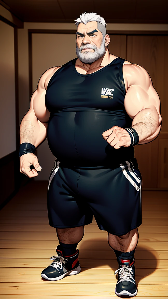 three mature beefy bearded Asian man with a more bigger body size, big beer belly, pumped chest, tribal art style tattoos, authoritative expression, sweating, and gripping his chest, hugging from behind, wearing a maid suit, lightblue lights, fisheye camera