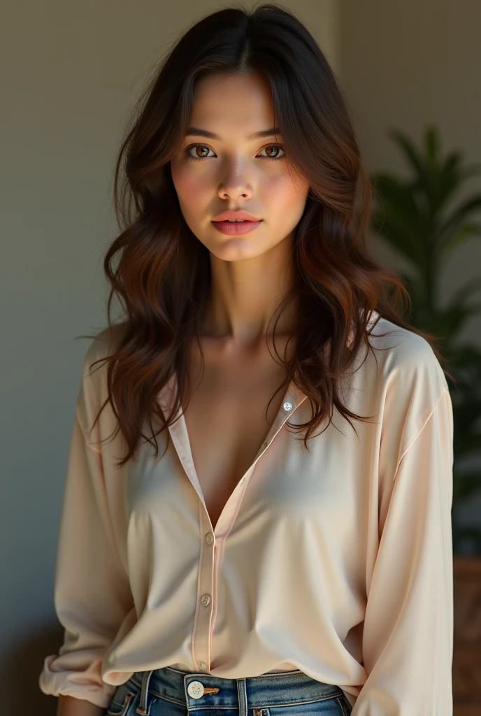 Créez une image réaliste de la même jeune femme vue de face, avec ses longs cheveux bruns ondulés tombant naturellement sur ses épaules. Son expression est douce et naturelle, mettant en valeur son visage sans maquillage, avec une peau claire et lumineuse qui montre quelques légères imperfections et une beauté authentique. Elle est habillée de manière simple et élégante, portant une robe en lin de couleur ivoire, légèrement ample avec des manches courtes, et cintrée à la taille par une fine ceinture. L'ambiance de la pièce est chaleureuse et lumineuse, avec des murs aux tons clairs, des éléments en bois naturel, et quelques plantes vertes en arrière-plan. La lumière naturelle, douce et diffuse, éclaire son visage de manière subtile, soulignant la texture naturelle de sa peau et la simplicité de son apparence.