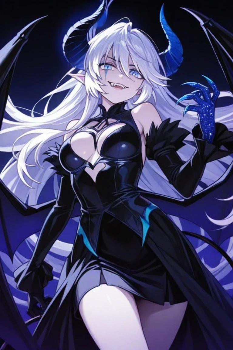 (((1 demoness))), ((detailed blue eyes)), ((long silver hair)), large breasts, curvy hips, perfectly drawn body, seductive smile, white dress, adorned with blue roses, casting spells, best quality, masterpiece, ultra-detailed