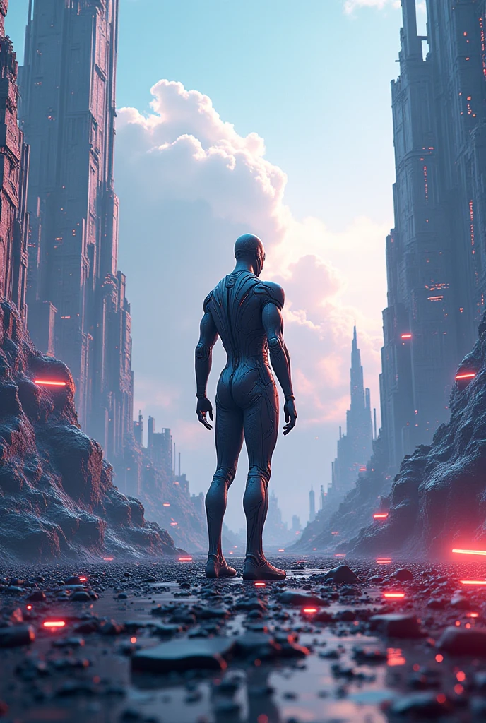 Futuristic image with the main male character looking victorious, wide angle shot, back turned.