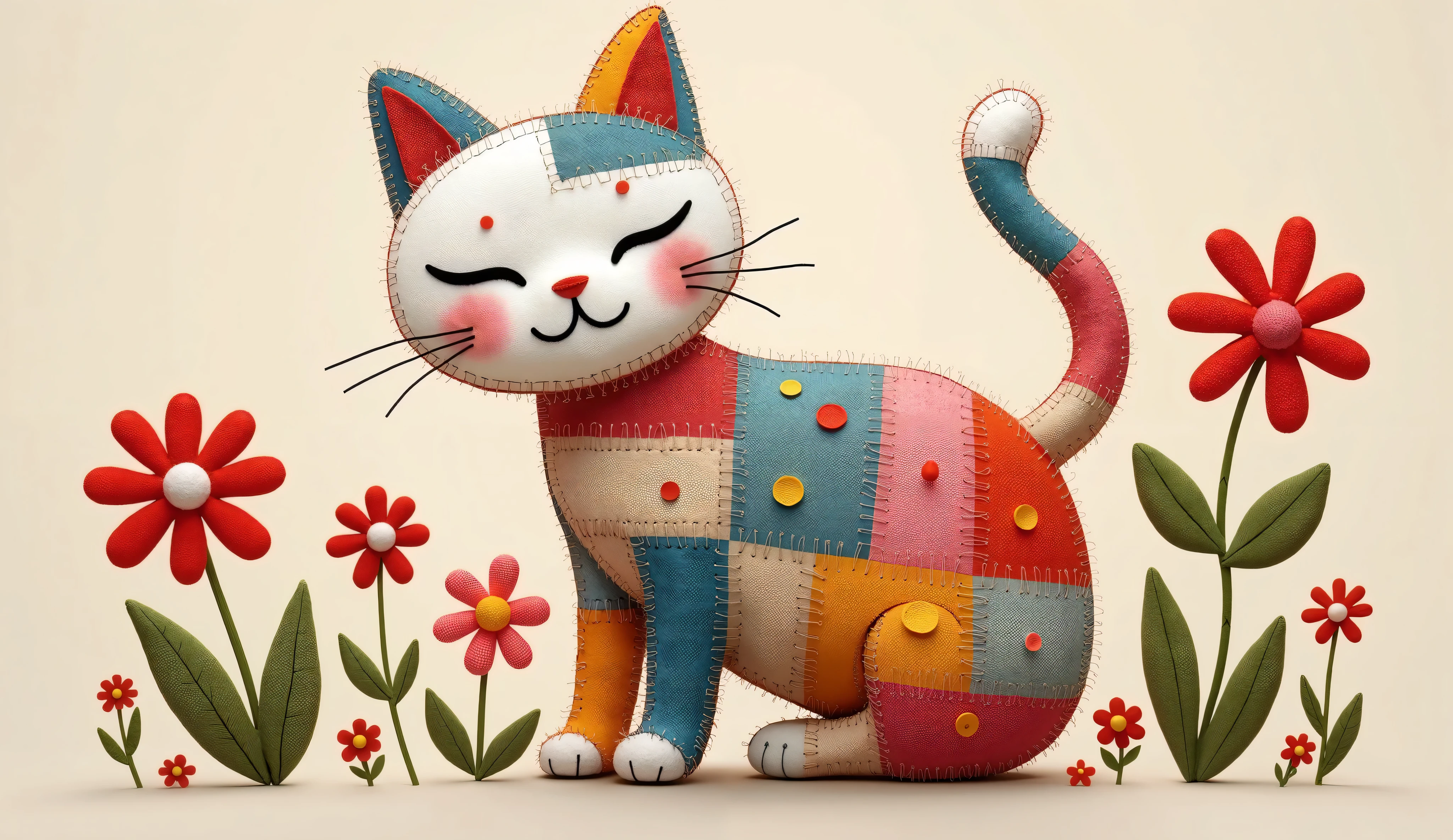 bordado, patchwork, application on fabric, different textures,  felt and fabric scraps,  Patchwork of different prints, white felt head,  gato, plain background with some fabric flowers, tipo fuxico.