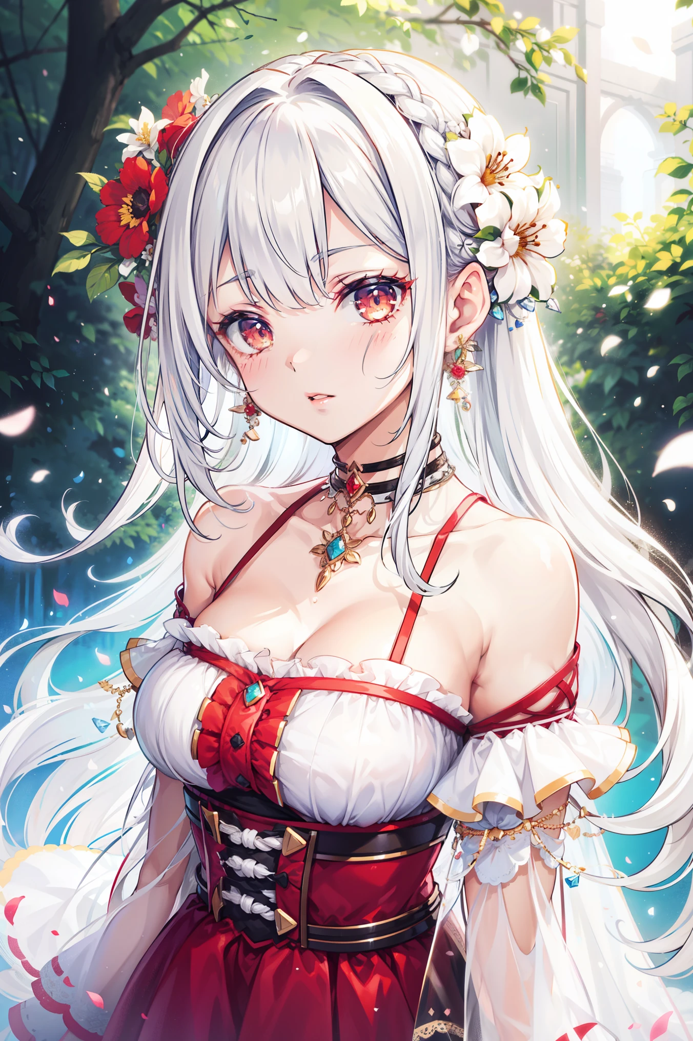 Perfect human body,1 girl, (very highly detailed background,trpical garden), 鎖骨,Small dresow knot,((woman with fever)), (Colossal titpression of color)), (blush blush:1.2),Pubic hair shows through,