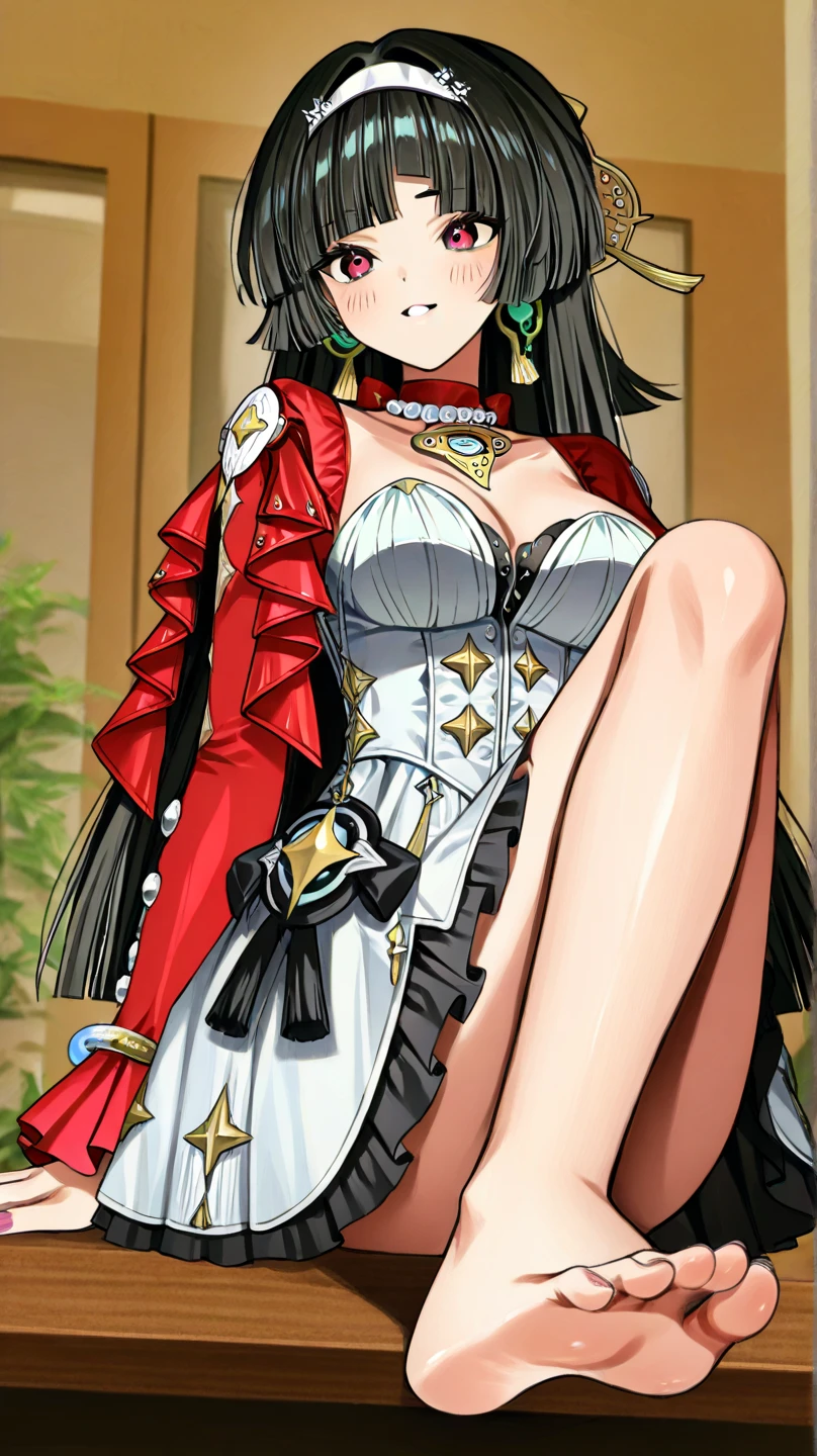 A super cute girl in a long sleeved gorgeous embroidered super shiny satin dress spreads her genitals and blushes