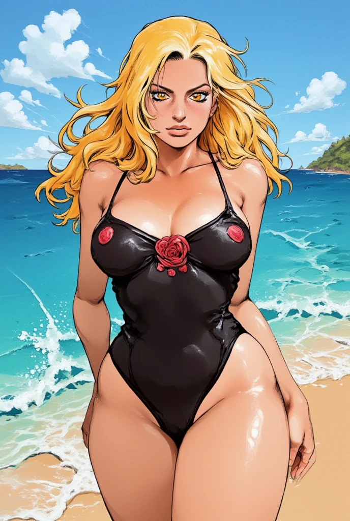 1girl, solo, (gorgeous woman) is a very sexy bimbo, light blue eyes, topless, massive fake breasts, fake , plastic surgery, boob job, huge breasts, oversized , detailed areola, thick nipples, detailed nipples, cylinder shaped nipples, hourglass body, firm thighs, toned body, firm butt, camel toe, full lips, glossy lips, hyper feminine, blond hair, Farrah Fawcett hair style, smooth skin, slingshot swimsuit, leather choker with heart shaped pendant, White girl, fully naked, line art,