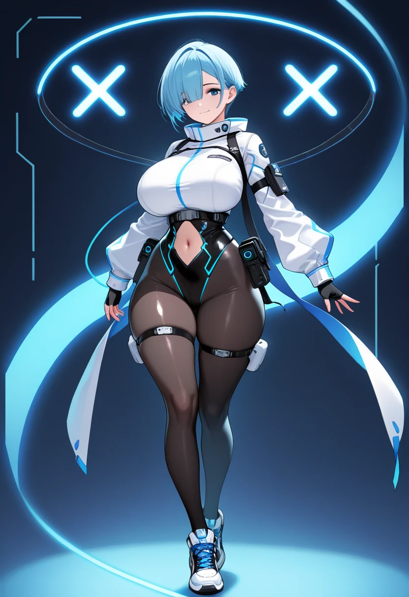 1girl, blue hair, light skin, white skin, light-skinned female, very short hair, smile, breasts, leotard, white leotard, pantyhose, black pantyhose, neon, futuristic, science-fiction, full_body, ((full body)), mature female, hourglass figure, large breasts, machinery, tech, neon trim