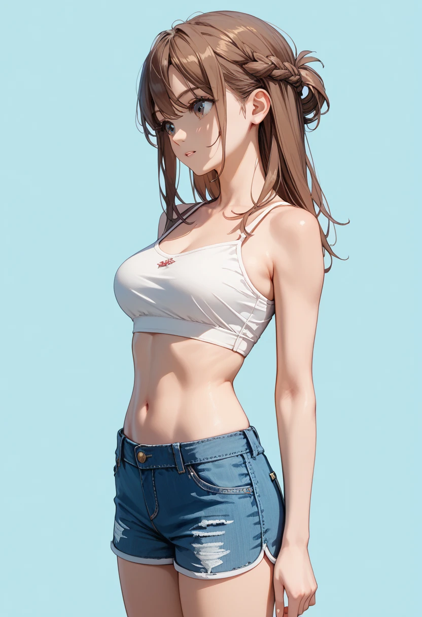 1girl, solo, long hair, breasts, smile, large breasts, brown hair, shirt, navel, cleavage, brown eyes, collarbone, white shirt, short sleeves, midriff, pants, lips, crop top, hand on hip, looking to the side, blue background, denim, jeans, nose, masterpiece, best quality, highly detailed