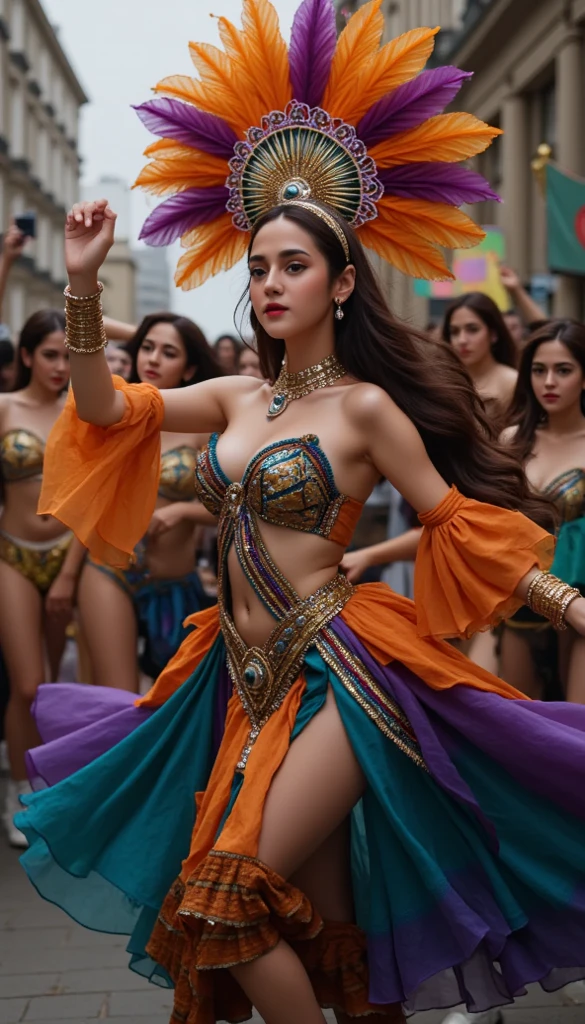 Hermosa mujer gitana bailando flamenco, de su vestido largo va dejando una ola de pintura multicolor, colores vibrantes, her.osas piernas, hiperrealista detalles 8k
