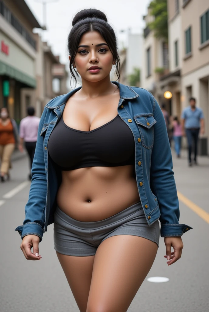 Indian women,30 year old,she is an biology professor, wearing glasses,pretty face,big and voluptuous breasts, gigantic and enormous butt, thickest thigh,huge knockers,widest hips, lowest waist,slim tummy, wearing short shirt that showing her belly and Denim shorts, black stockings, walking at public area