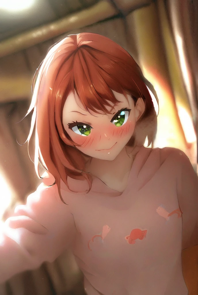 super high image, super detail, super high resolution, lip focus, cute 16 year old girl, moist lips, tongue, saliva, ecstatic expression, amorous expression, seductive look, light-orange hair, glossy flowing layered messy wavy short hair, green sparkling big eyes, shiny skin, bakery