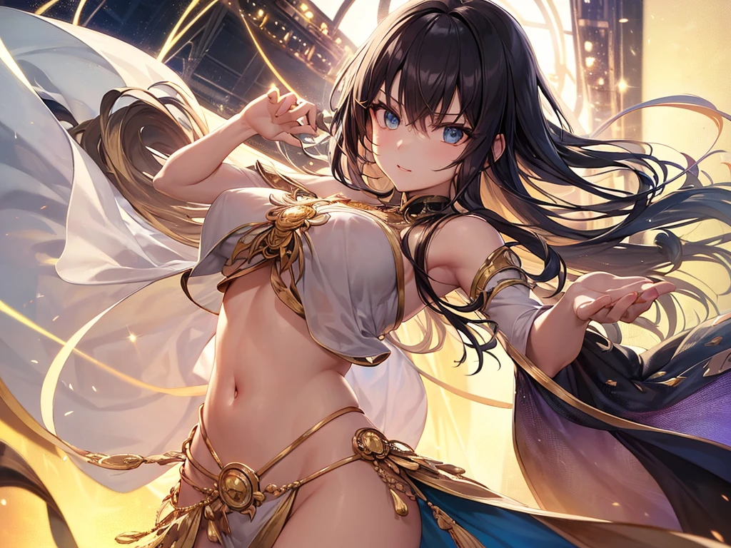 medium hair, black hair, medium tits, tearful mole, earring, whole body, gorgeous belly-dancer in jewelry-dress, white marble castle with golden ornates, Transparent white hanfu golden ornates, gold jewels,