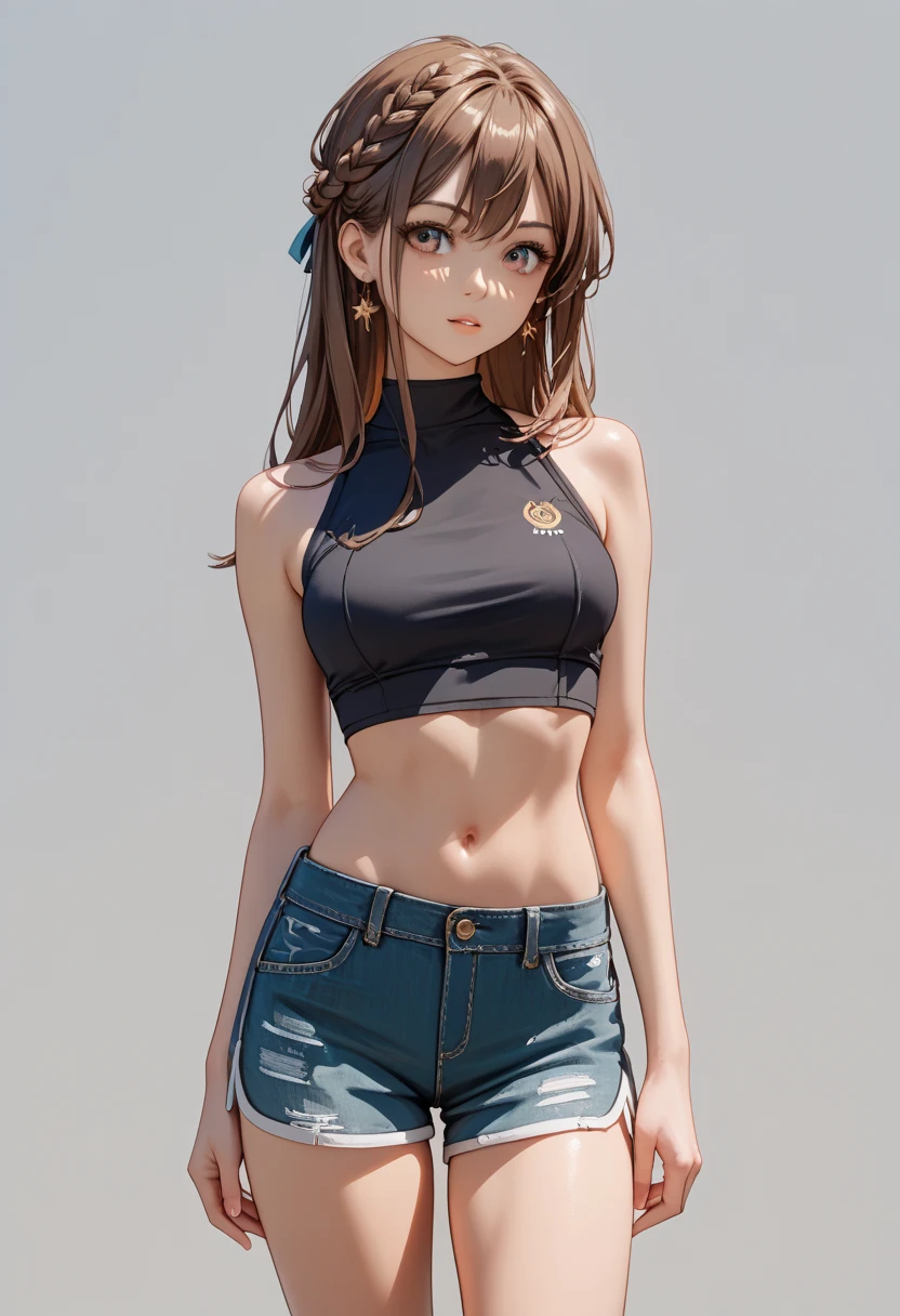 (solo), (a detailed full body RAW photo of a girl), (masterpiece:1.0), (best quality:1.4), (ultra highres:1.2), (photorealistic:1.4), 8k resolution, Canon EOS R5, 50mm, absurdres, ultra detailed, (18yo), sharp focus, cinematic lighting, detailed beautiful face, (makeup:1.2), (ulzzang-6500-v1.1),  figure, detailed skin texture, pale skin, flat chest, (skinny and fit body:1.3), thigh gap, detailed brown hair, (very messy hair:1.5), (Avril Lavigne:0.7), smiling, (sports bra, no pants), realistic glistening skin, (bedroom:1), (cameltoe:1.3), (sweating:1.45), slim waist, seductive smile, solo, pussy creampie, 