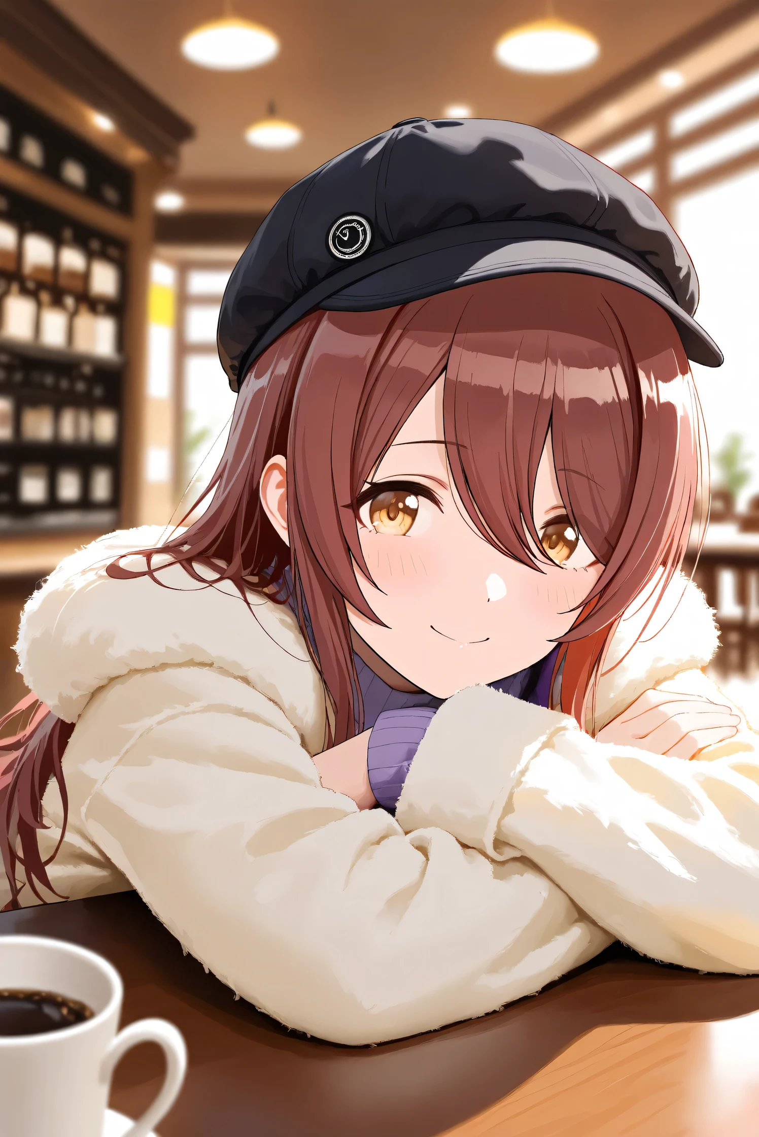 (Masterpiece), (Highest quality), (Very detailed),
(The best shape), (Best Shadow), (Absurd),
(Detailed background), (So beautiful), Shiny ,
Extraordinary, Countershading, 8k, 32K, High resolution, Beautiful eyes in every detail,
Very Detailed CG, UHD,
Score_9, Score_8_up, Score_7_up, Source_anime,
(Pastel painting:1.2), (Watercolor painting:1.2),
(Masterpiece, Detailed:1.2), (Foreshortening:1.2),
Cinematic, Dramatic, (Depth of field:1.4),
(Blurry background:1.4), (Realistic background:1.4),
(Foreshortening:1.3),Dynamic angle, 1 girl,
indoor, coffee shop, Antique coffee shop,
Cinematic Light,
Osaki tenka,
the idolmaster shiny colors,
tenkaosaki,
red hair, brown hair, yellow eyes,
(casual wear:1.3),
Work cap, Black cap,
Fur coat, Khaki coat
Sweater, Purple sweater,
Portrait, Focus on face,
(Blush:1.3), Happy, smile,
sitting, lying face down, crossed arms,
Realistic skin, Shiny skin,