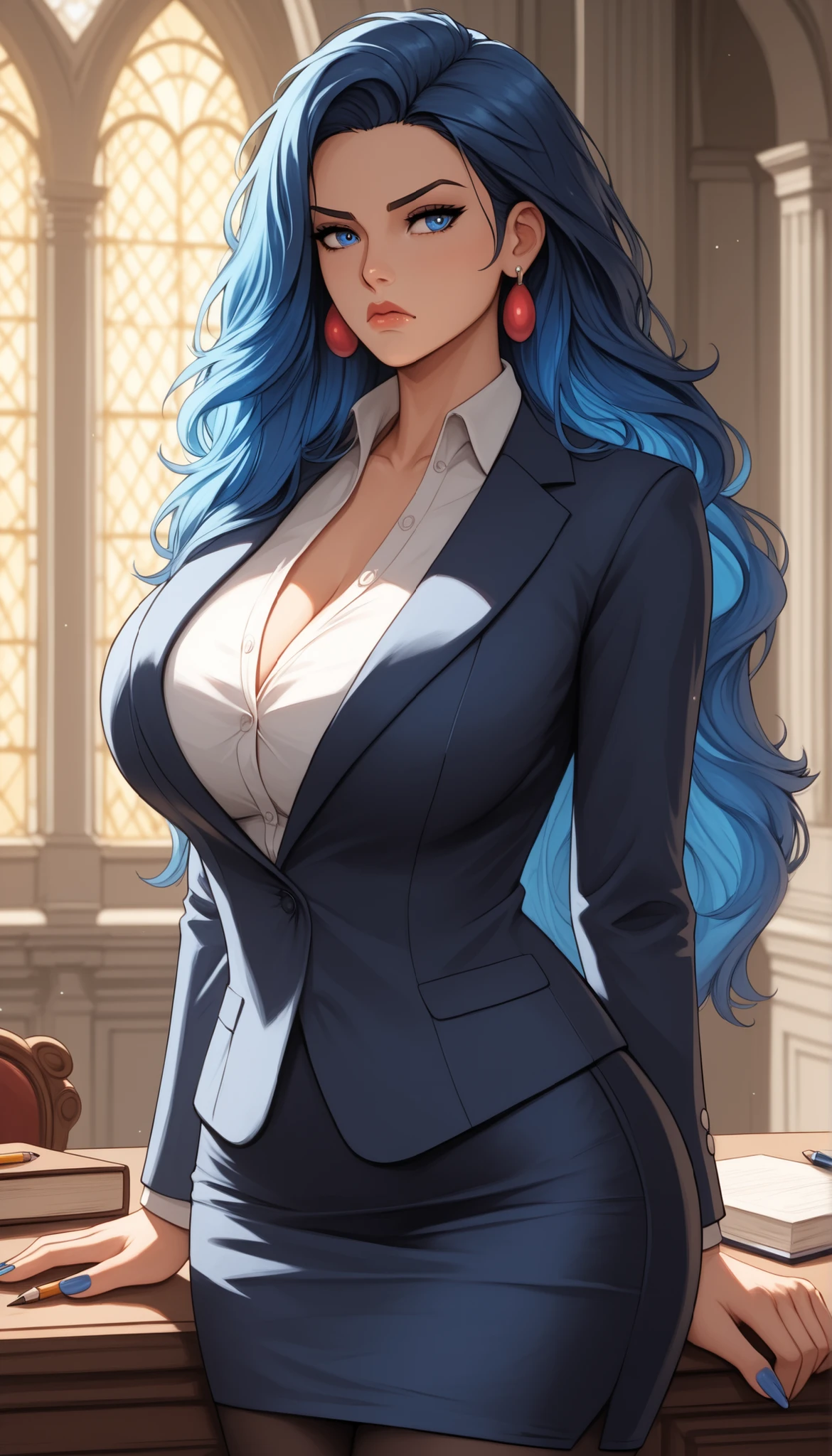 Watercolor, score_9, score_8_up, score_7_up, (Volumetric_lighting: 1.7), (masterpiece), (lora: detailed anime girlsXL), (lora: NoobAI-XL Detailer), (lora: smooth lighting enhancer) (lora: Detailed Background), (lora: NKxXmo's Shaded Face), (lora: SDXL high detailed. LoRA_SDXL_ARW_0010: 0.75), (lora: Waifu Eyes), BREAK inside, mansion, livingroom,
1girl, Tall, sharp teeth, fangs, peach skin, curvy_body, long_messy_hair, long hair, light_blue_hair (pearlescent highlights), blue nails, pearlescent eyes, annoyed (annoyed expression) standing, hands_on_hips, pencil_skirt, white_suit_shirt, suit_blazer, earrings, close_up_shot, huge breasts, Mature looks, MILF, 8k, (masterpiece), realistic, high_quality, detail_focused,
Expressiveh
