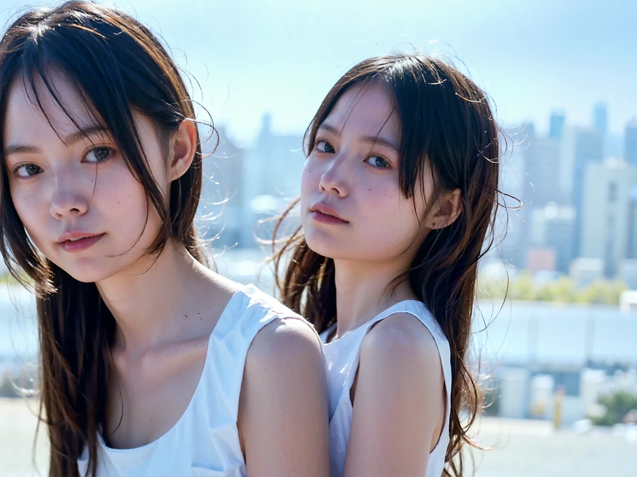 1. White background x nude portrait of identical twin sisters

"A hyper-detailed, high-resolution digital photograph of Japanese identical twin sisters posing for an artistic nude portrait against a pure white studio backdrop. Their identical yet subtly unique features are captured in breathtaking detail—the soft contours of their bodies, the gentle curve of their collarbones, and the delicate interplay of shadow and light on their smooth skin. One twin stands slightly behind the other, her hands gently resting on her sister’s shoulders, their expressions serene and introspective. Their eyes meet the camera with quiet intensity, evoking a deep emotional connection. The crisp lighting highlights every fine detail, from the slight rise and fall of their breath to the subtle shine on their lips, creating an image that is both intimate and profoundly elegant."