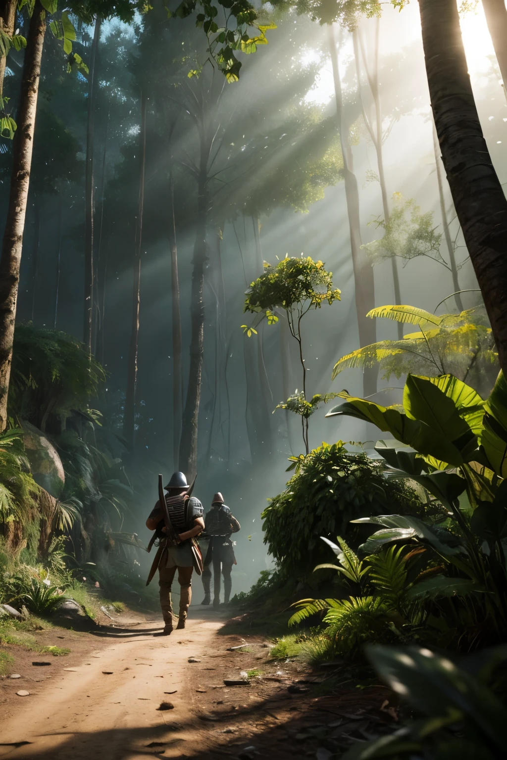 "A realistic, cinematic first-person perspective of a Spanish conquistador entering an uncharted jungle for the first time. The viewer’s hands are visible, pushing aside massive leaves and vines while gripping a sword or musket. The dense jungle ahead is filled with towering trees, thick mist, and the sounds of unseen creatures. Sunlight filters through the canopy, casting dappled golden light on the lush vegetation. Other armored soldiers are seen moving cautiously ahead, some cutting through the foliage with machetes, others holding torches or muskets at the ready. In the shadows, barely visible figures or glowing eyes hint at an unknown presence watching from the depths of the jungle. The atmosphere is tense yet awe-inspiring, blending adventure, mystery, and danger with hyper-realistic lighting and rich textures. The viewer’s hands are VISIBLE, reinforcing the FIRST-PERSON PERSPECTIVE. The camera angle is from the character’s own eyes, making the viewer feel as if they are part of the scene."