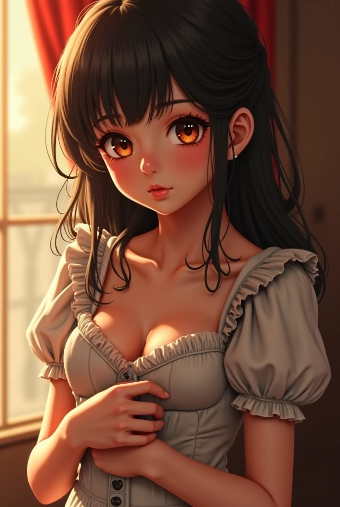 looking up, Upper Body, (pale skin: 1.2), shiny skin, shiny hair、(A 2 woman with medium-length hair and bangs) and (wavy hair) and (brown hair) and (orange eyes), (white) and (off shoulder blouse) 、Cleavage、smile, The background is the living room、Alone、Are standing、anime、animeーション、