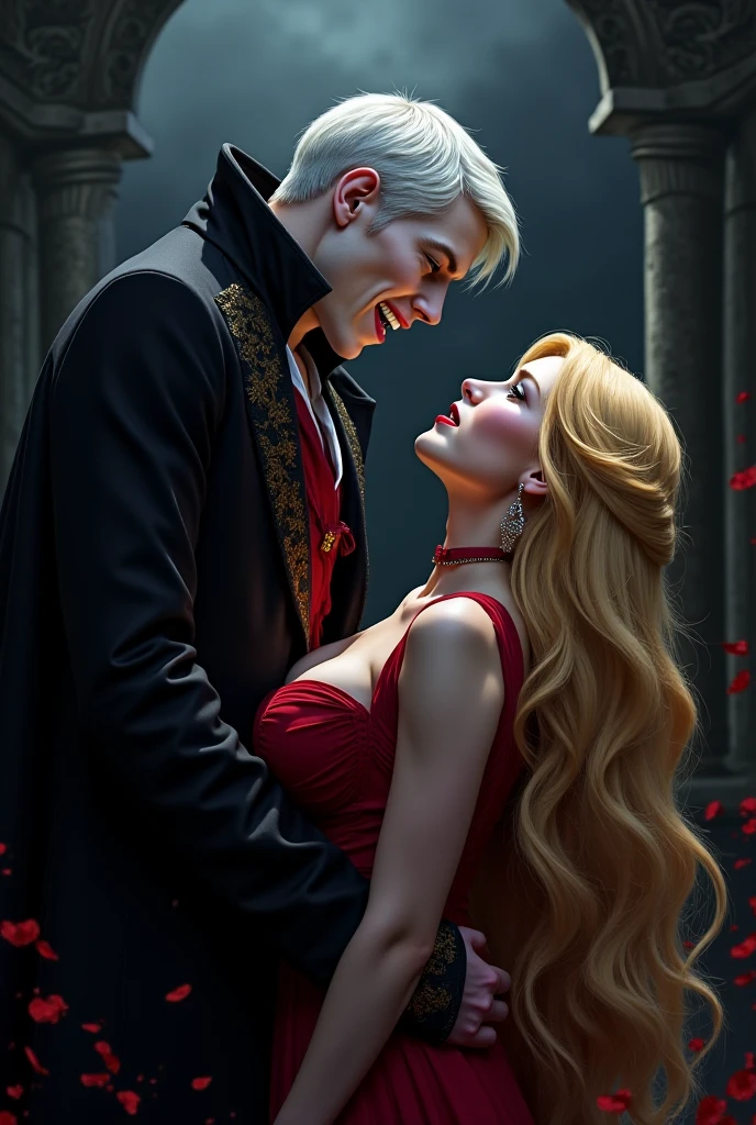 (A male vampire), (drinking blood from the neck of an attractive blonde woman), dramatic lighting, pale skin, (fangs bared), intense gaze, cinematic composition, dark moody atmosphere, deep red and blue color tones, photorealistic, highly detailed, intricate textures, dramatic shadows, cinematic lighting, the woman is in a light, elegant dress, the focus is on the interaction between the vampire and the woman. woman in skimpy modern clothes, (human woman), (vampire man), large vampire fangs, vampire have large canines, vampire canines