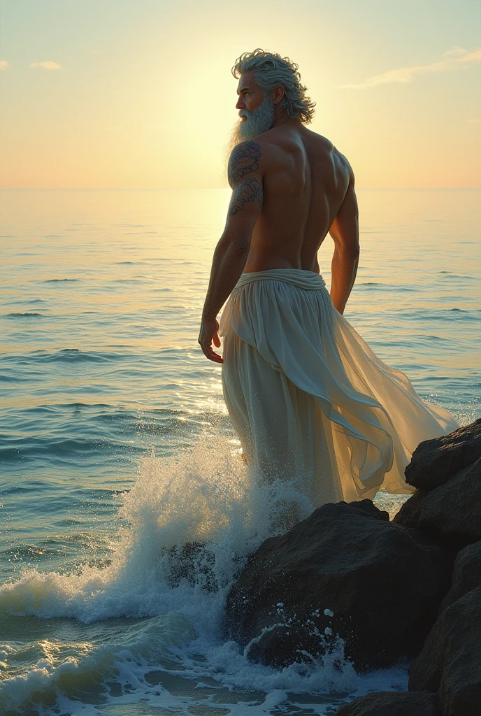 candid an photo of prince charming, 23 year old male supermodel, attractive and exotic, short curly blonde hair, a masculine appearance with slender smooth body, delicate and symmetrical face, natural olive skin tone, ((standing on a large seashell)), position in a graceful contrapposto stance, inspired by Sandro Botticelli's painting The Birth of Venus, he is wrapped in classical drapery sheer rainbow color fabric, with flowing dramatically in the wind, some fabric to billow as if caught by a gentle breeze. The composition include mythological elements, such as a backdrop of a serene with a golden sunrise and nymphs to frame the scene. Illuminate the scene with soft diffused lighting to create a dreamlike, celestial atmosphere, capturing the delicate interplay of light and shadow on his face and body. ((full body shot)), wide-angle lens on a high-resolution DSLR camera to capture the grandeur and intricate details of the setting, while shooting from a dynamic angle to emphasize the model's majestic presence. The overall mood should blend the classical elegance of Botticelli's work with a modern, high-fashion aesthetic, producing an image that feels both timeless and contemporary, adding the Two Cherubs in the sense to balance and harmony the photo, evoke the soft ethereal quality of the Renaissance style, POV, raw photo, ((masterpiece)), ((best quality:1.4)), High Resolution, (ultra_realistic:1.37), (photorealistic:1.4, (NSFW), ((Pay attention to the layer and arrangement of body parts and surrounding objects)), ((Pay attention to the body composition)), ((Correct body structure)), ((Correct photo distance)), romantic atmosphere, lively extremely Gorgeous background),