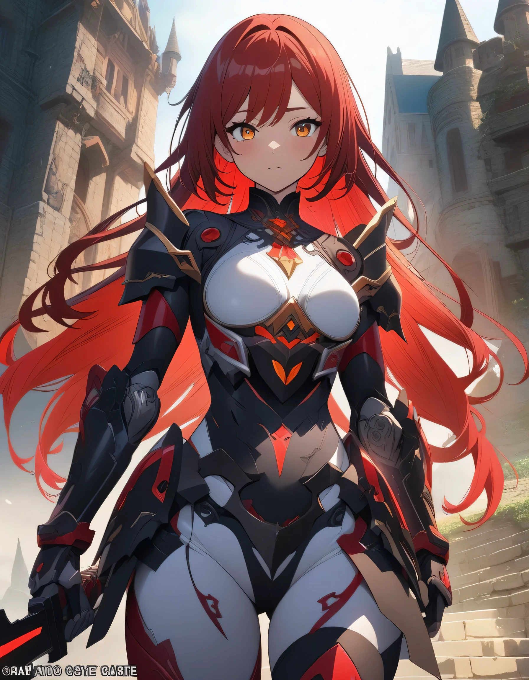 red hairs、1 Female robot、Reddish pinkish dress、Wearing black armor over the dress、place々It is a gold rose design、The skirt of the dress is made of velour fabric、The weapon is a rose thorny gun、There are ring-shaped mines of thorns、The face is covered with a mechanical mask that looks like a motorcycle helmet、The upper part of the mask is reddish-pink、The chin of the mask is white、The mouth of the mask is fangs like a vampire、The eyes of the mask are goggle-shaped、The eyes of the mask are glowing red、The mask has a large black ribbon on the head.、Transformation Belt、Wearing pin heels trimmed with black gold、Battlesuit like a mechanical dress、Each part has frills、8K、Crisp Contours、The octopus mascot character will appear on the screen、The background is a castle garden with blooming roses、a beautiful girl character、Anime Touch、Anime filling、The weapon is a machine gun intertwined with gold and black and rose ivy、Wearing futuristic black metal armor、Armor covers shoulders and chest、cyberpunked、The shadow color is a vivid color、Near future、Clothing Cyber Design、The weapon is a machine gun about your own length、The body is almost robotic、The robot has black armor with golden lines、The armor is a rose design、Gundam、Ahmad Koa、ironman、Armored Trooper Votomacross、Squadron theft、Five Star Stories、Elgeim、Giant Female Robot、Cybele、Mobilesuit、Rosen Zuhl、kshatriya、The head is a mechanism、Have a railgun larger than your height、Large and small firearms、Female android has a big axe bigger than her golden height、A young lady-type android with a giant Gatling gun、Includes all elements