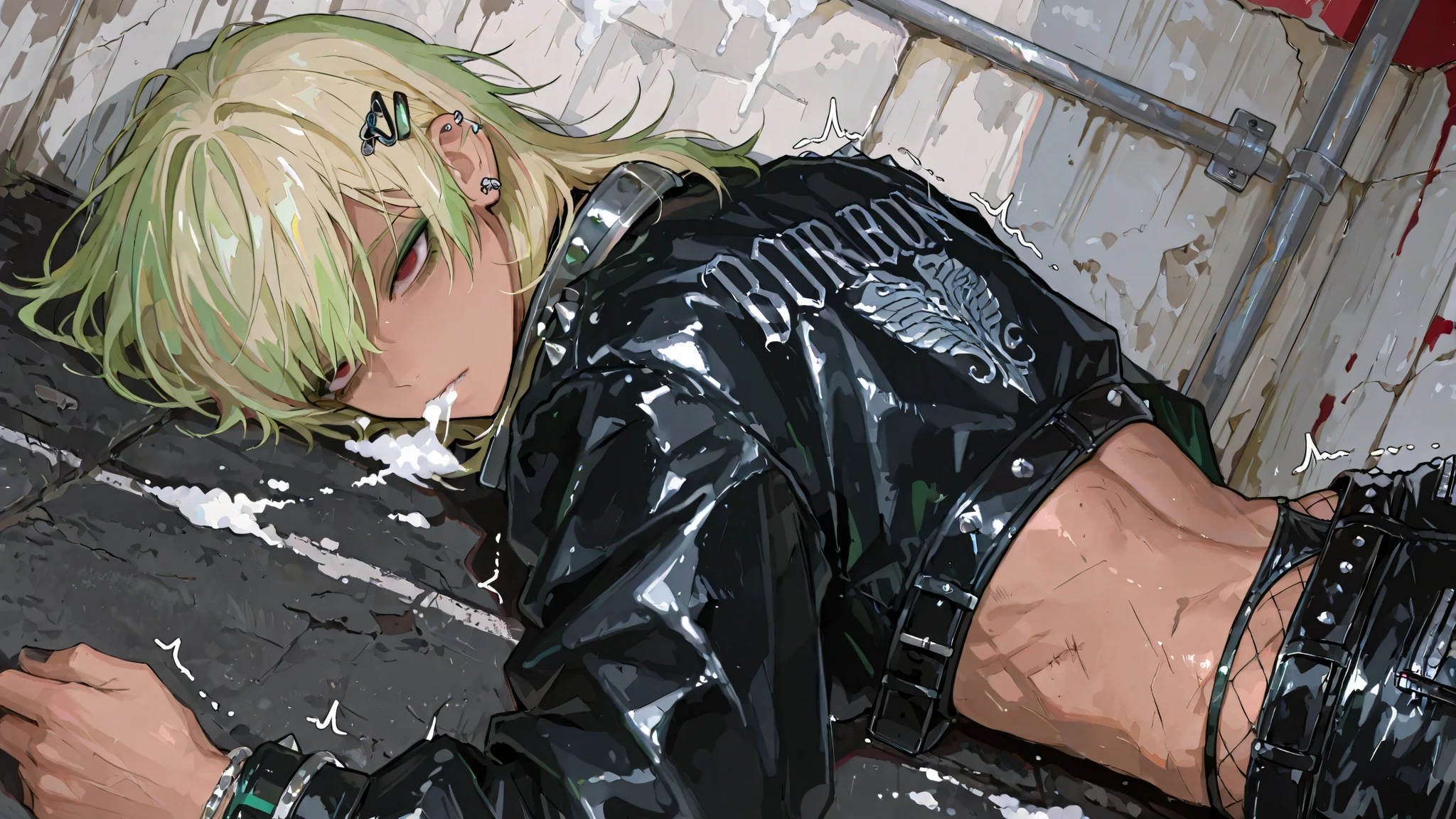 1male,handsome,visual kei style,medium hair, heavy black eyeliner, green eyeshadow,black leather outfit adorned with silver chains, studs,black nail, bob hair, top quality,high quality,masterpiece, gyaruoh, (blonde:1.2), red eyes, androgynous, green hair tip highlight, beautiful young man, slightly muscular, 6 foot tall, hair clips, tanned skin, 18 years old male, solo, detailed face, mullet hair, punk, bolero jacket, (hot pants:1.2), (crop top:1.2), piercings, naval piercing, side parting, high cut thong, adult male, dot eyebrows, hot pants, fishnet pantyhose, 748cmstyle, close up, unconscious, (fainting:1.2), lying down, backstreet, painted wall, foam at the mouth, twitching, overdosed, dutch angle, passing out, empty eyes, bruises,