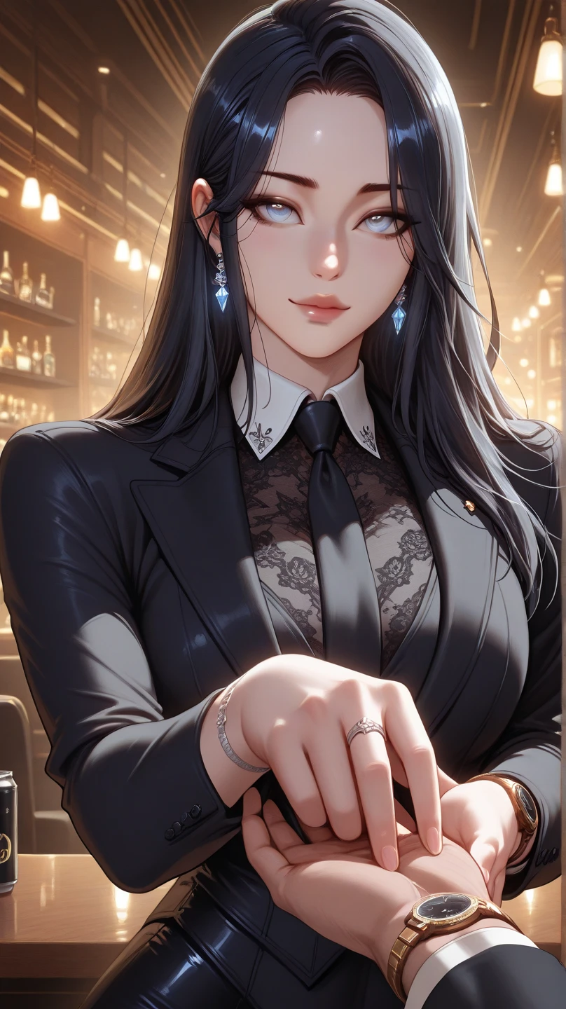 NSFW, LWRD, In a dimly lit office, Governor Rottenmeier, a stunning 35-year-old femme fatale, sits confidently at her table, exuding an aura of mystery and menace. Her athletic physique is showcased by the tight black coat and mini skirt, while her perfectly beautiful body glows under the soft light. A sly smile plays on her lips as she brandishes a sharp, lustrous black karambit knife, its edge glinting menacingly in the faint glow. Her short black hair frames her detailed face, with intense blue eyes and arched eyebrows that seem to pierce through the darkness. The air is thick with a sense of foreboding as she gazes seductively at him with lewd eyes that hide a murderous intent, her dark red lipstick glistening like a siren's call.