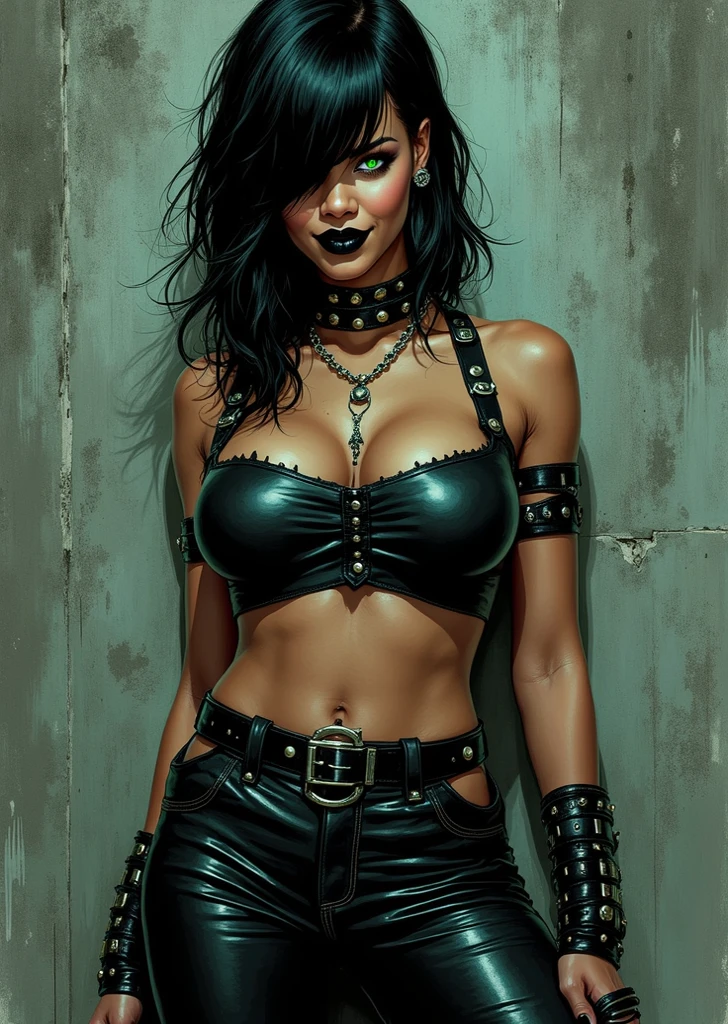(a dark-toned,high-contrast image,)punk sorceress,leather jacket,ripped fishnet stockings,studded choker,edgy makeup,glowing green eyes,dark lips,dramatic lighting,urban graffiti background,colored smoke,electric blue hair,chain bracelet,distressed boots,spellbook,crystal ball,enchanted tattoos,mystical energy, There is a sense of mystery and power surrounding her as she stands confidently in the midst of the urban chaos. The punk sorceress exudes a rebellious yet captivating aura with her leather jacket, ripped fishnet stockings, and studded choker. Her edgy makeup accentuates her glowing green eyes and dark lips, making her look fierce and enchanting. The dramatic lighting casts intriguing shadows on her face, emphasizing her ethereal features. The graffiti-covered wall behind her serves as a striking backdrop, adding to the urban vibe of the image. Colored smoke swirls around her, creating an otherworldly atmosphere. Her electric blue hair flows in wild waves, framing her face in a mesmerizing way. She wears a chain bracelet and distressed boots, showcasing her bold sense of style. In one hand, she holds a spellbook, symbolizing her connection to ancient magic and arcane knowledge. In her other hand, she delicately cradles a crystal ball, through which she sees glimpses of the future. Enchanted tattoos adorn her arms, shimmering with mystical energy. This punk sorceress is a force to be reckoned with, blending the worlds of punk and magic in a captivating and powerful way. With her unrivaled style and mysterious abilities, she is an embodiment of creativity and individuality. The artwork is of the best quality, with ultra-detailed features and realistic rendering. The colors are vivid and eye-catching, with an emphasis on bold and contrasting tones. The lighting adds depth and intensity to the image, creating a visually stunning composition. The overall result is a masterpiece that combines the aesthetics of punk culture with the allure of sorcery, resulting in