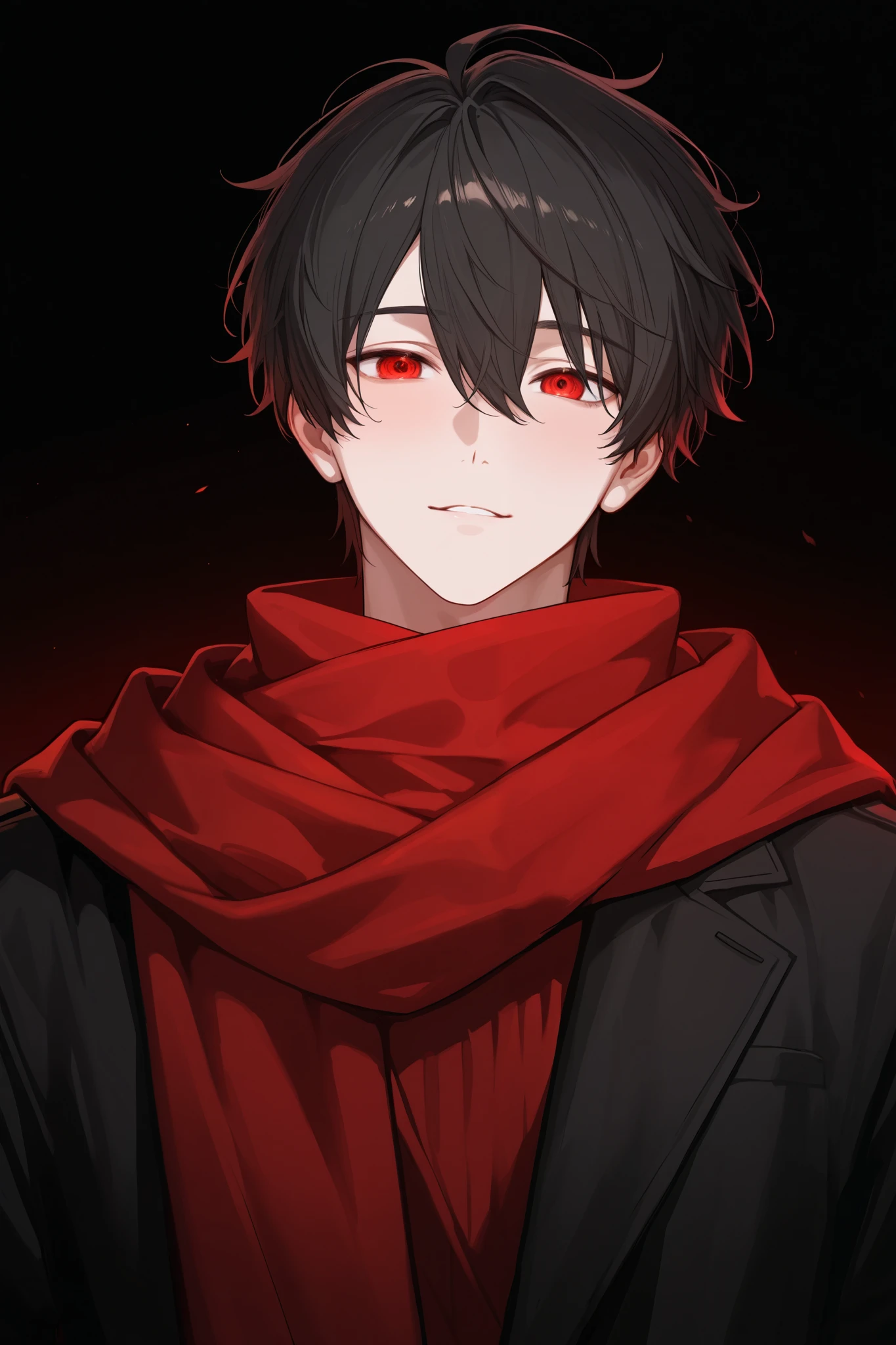 A boy with an attractive but carefree face, his eyes are red, he is red somewhere with a dark background