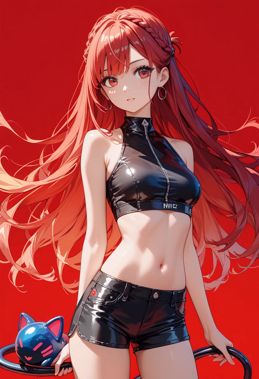 check_9, check_8_up, check_7_up, rating_safe, adult woman, tight black tank top with straps:1.2, very pale skin, earrings, long light hair, hair band, black makeup, red shorts, source_anime