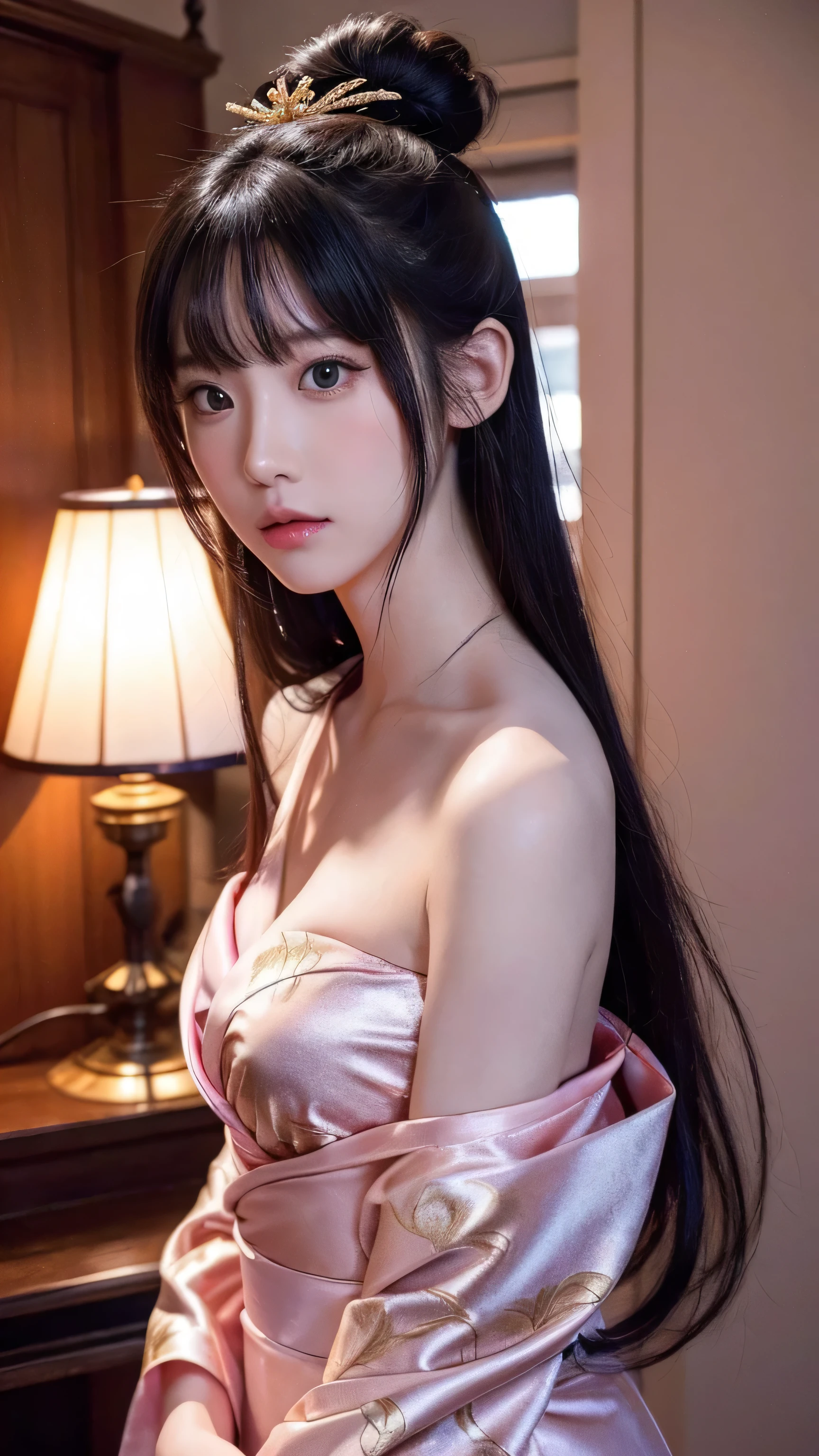 8k、High resolution、Beautiful Girl of the Wizard、gothic costume、young、white skin,、narrow eyes,high nose,lighting that illuminates the face、clear image、intellectual beauty、skinny、no makeup、arrogant look,shining hair、single eyelid,、vivid pose、looking at camera