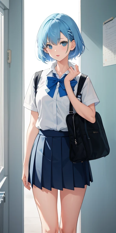 1 girl and 1 dog. , short hair, light blue hair, school uniform, skirt, , Shine, side light, wallpaper.