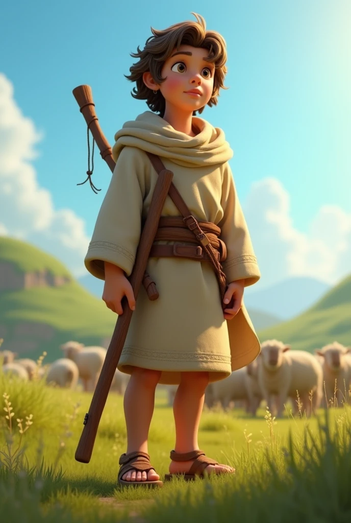 a young shepherd boy, red-haired sheep shepherd boy, with a staff in his hands, taking care of sheep, countryside background scenery, evening lighting, children's digital drawing, super realistic