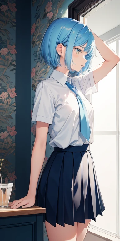 1girl and 1 dog. , short hair,  light blue hair, school uniform, skirt, blush, glowing, sidelighting, wallpaper.