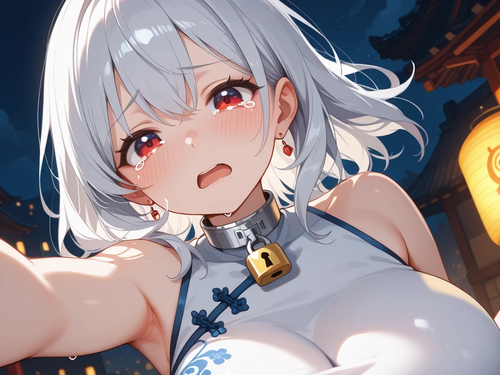 (masterpiece, best quality:1.5), (ultra detailed, high resolution, 8k, beautiful detailed, UHD, best anatomy), white hair, small breasts, 1girl, closed eyes, Tears roll down my cheeks, high , dull background, standing, front view