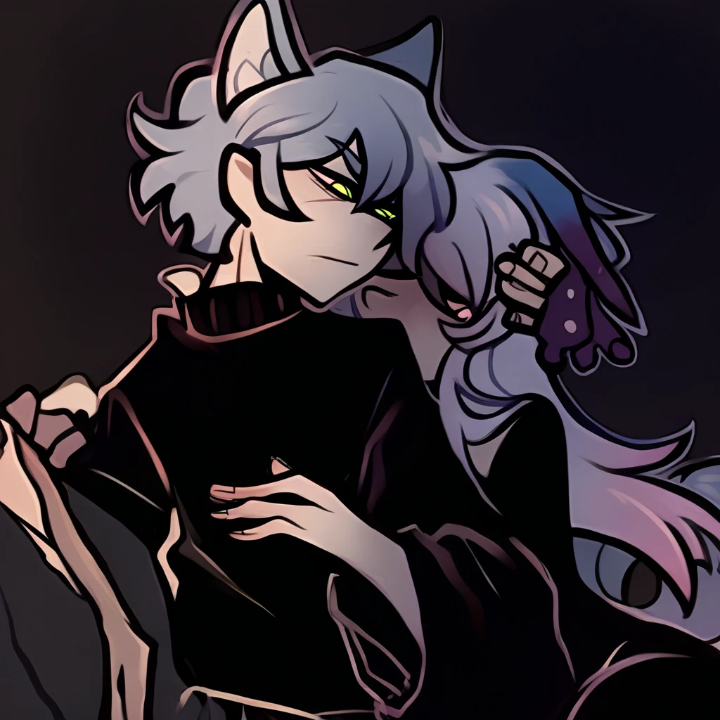 anime characters with purple hair and black hoodies, next to each other, gamoe yandere grimdark, 2d anime style, anime in fantasy style, official fanart, puce and vermilion, Fan art of jogo 2D, A little red and purple, 2d art, 2d art, not anime style, gamoe yandere, 2 d anime, zerochan art