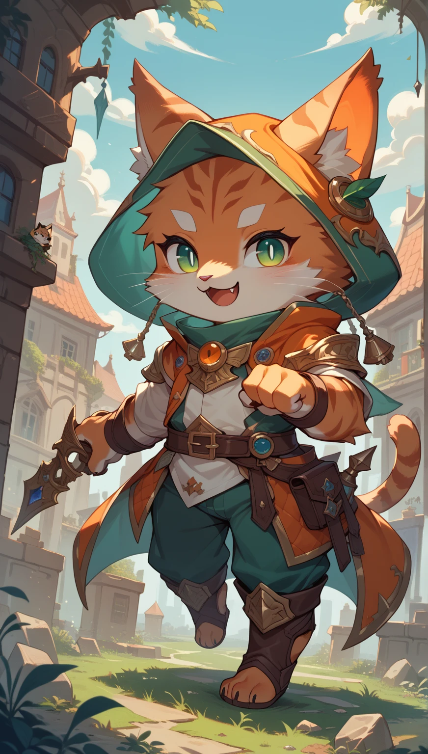 A high resolution,((best quality)), ((masterpiece)), kemono, (female orange cat), chibi, fantasy, necromancer, odd eyes, smile 