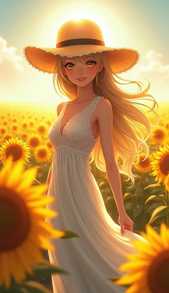 Realistic photos, Focus distance 10mm, Red and white, A big smile, Curly blonde hair, Beautiful girl, Realistic photos, Focus distance 10mmで撮影, masterpiece, 最high quality, high quality, Very detailed CG 8k wallpaper unit, Award-winning photography, Bokeh, Depth of written boundary, High resolution, bloom, chromatic aberration, Realistic, Very detailed, Art Station Trends, CGsociety Trends, Complex, High detail, dramatic, Art on the go, Sunflower Field: "A charming girl with braided hair, wearing a simple, flowing dress, standing in a vast field of sunflowers, with the golden sun setting in the background."