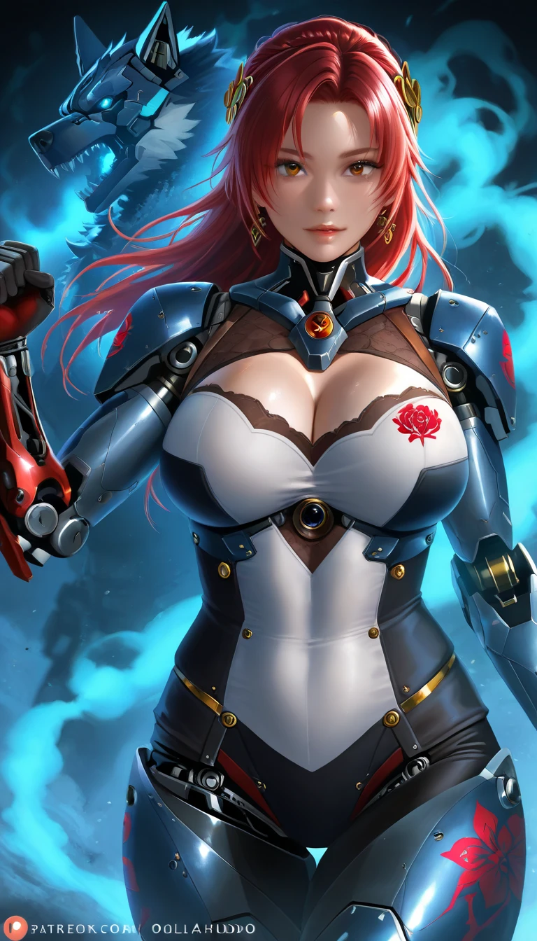 Five fingers, huge, cleavage, one woman, battle suit, futuristic knight, cool pose, fighting stance, iridescent armor, partial armor, fitness model, long legs, iridescent jacket, red hair, ponytail, tanned skin, smile, sparkling clothes, full body view, publicity cosplay, full cosplay, shot with Canon 5D Mk4, cosplay photo