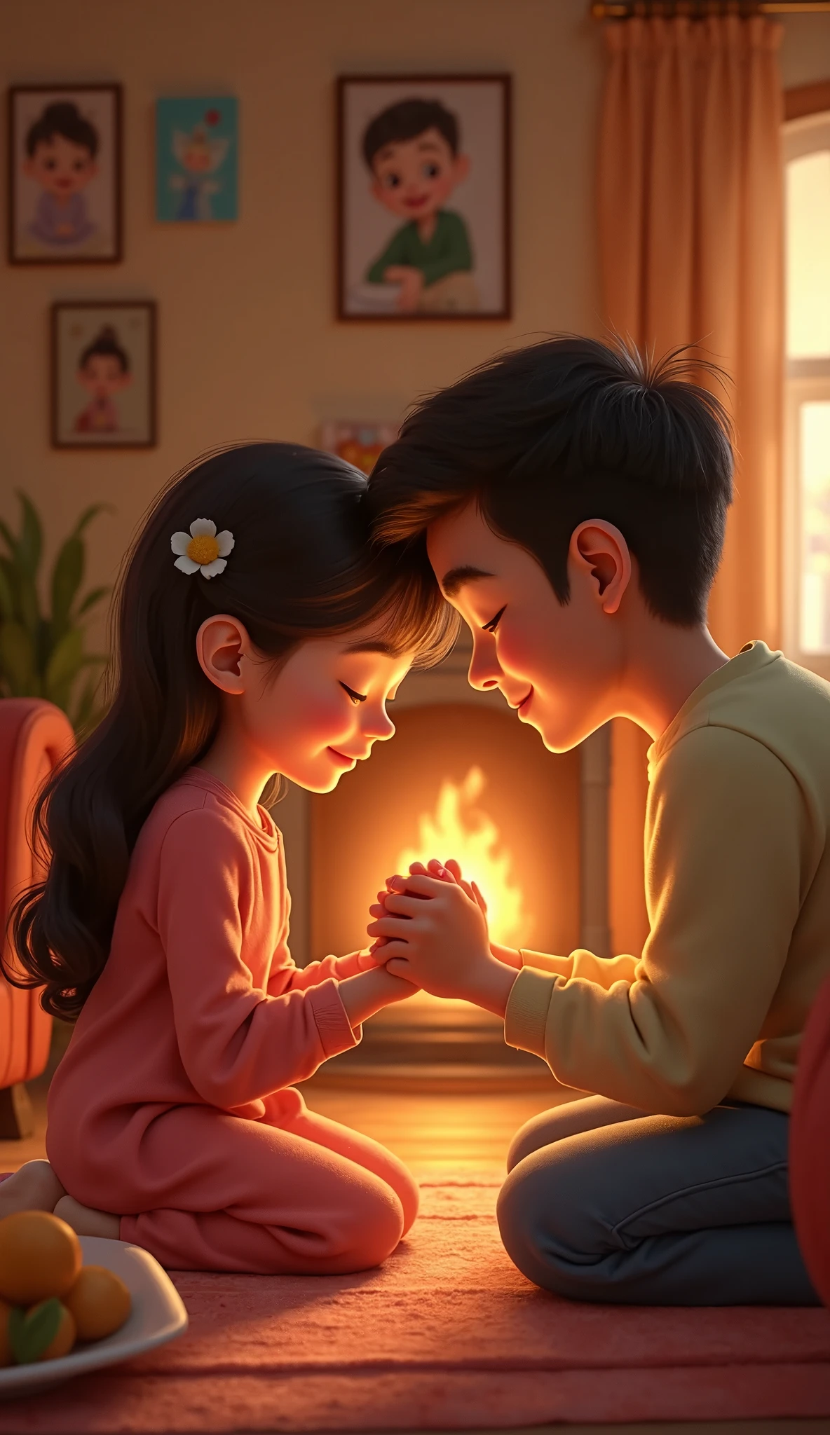Create 3D image.one boy and girl heart broked heart.the boy and girl wear white t shirt dark full sleeve had a little chain .they are sitting the fire place